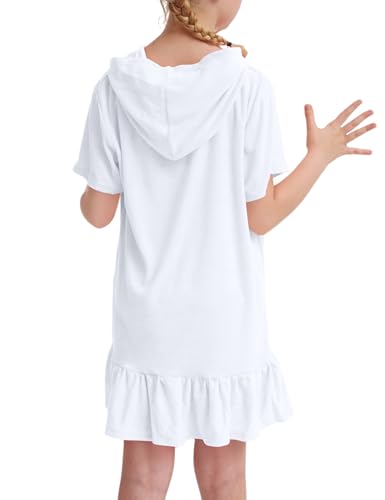 Image of Girls Swim Cover Up Multicolor Hooded Zip-Up Terry Swimsuit Ruffle Bathing Suit Kids Short Sleeve Swimwear