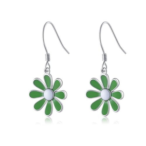 SLUYNZ 925 Sterling Silver Daisy Flower Dangle Drop Earrings for Women Teen Girls Green Flower Drop Earrings Summer Spring
