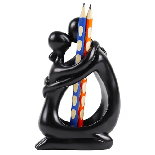 Cute Pen Holder for Desk Women Office Supplies Pencil Organizer Decor Desk Accessories Small School Hug Thinker Statue and Sculptures Resin Home Decor for Work (Black)
