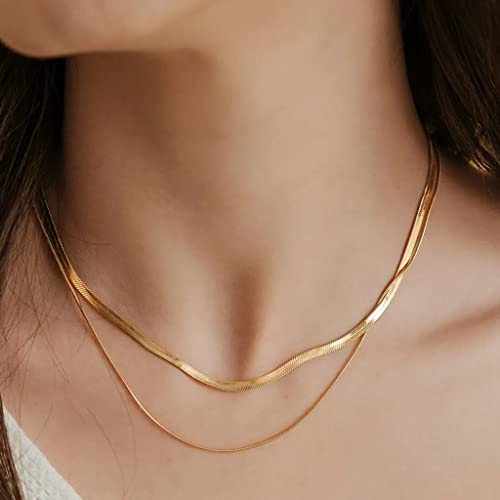 Image of Freekiss Layered Necklace Set for Women Stackable | Herringbone Snake Cuban Rope Chain, Dainty Choker, Layered Stackable, Non Tarnish, Hypoallergenic, Adjustable 14-18.5 inch