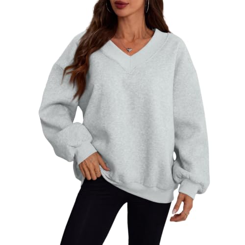 FULILYEO Womens V Neck Oversized Sweatshirts Long Sleeve Pullover Fleece - image 3