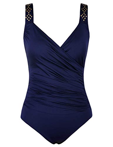 Firpearl Women's Tummy Control One Piece Bathing Suit Draped Surplice Ruched Monokini Swimsuits Navy US12
