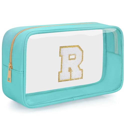 OUUTMEE Bolsa de aseo de viaje transparente con letras iniciales personalizadas, bolsa de aseo impermeable con cremallera para adolescentes, niñas y mujeres, verde, R