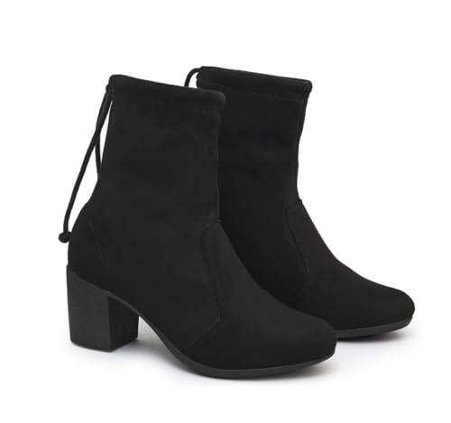 Bota Feminina Confort Casual Polo London Club, Camurça Strech cano Curto e Salto Alto bloco (preto,