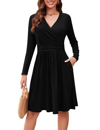 Actcat V-Ausschnitt Pullover Kleid Langarm Casual Kleider Herbst Kleid Damen mit Taschen schwarz Winterkleider Festliche Kleider für Damen...