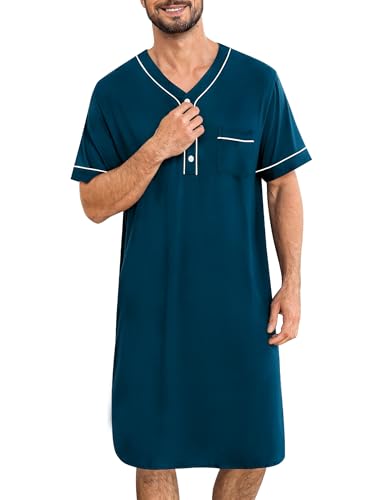 Image of SWOMOG Mens Nightgown Short Sleeve Lounge, Sleep Henley Shirt Pajama Big & Tall Nightshirt Comfy Nightwear M-3XL