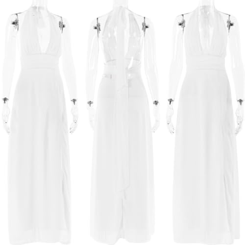 Image of ANKOMINA Women's Sexy V Neck Halter Backless Maxi Dress Ruched High Split Long Bodycon Dresses for Party Cocktail Evening
