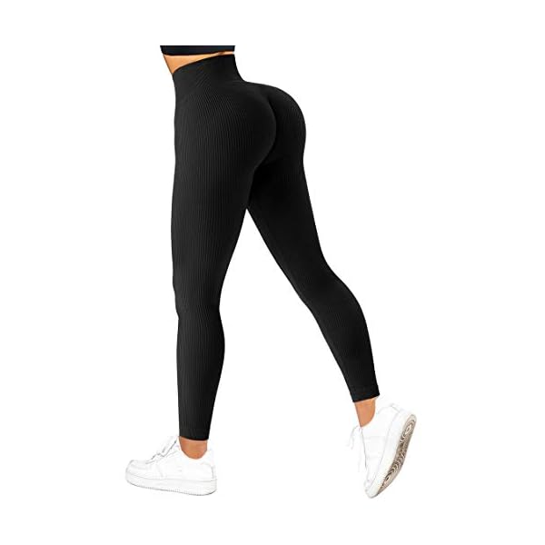 SUUKSESS Women Ribbed Seamless Leggings High Waisted Tummy Control Workout Yoga Pants (Black, L)