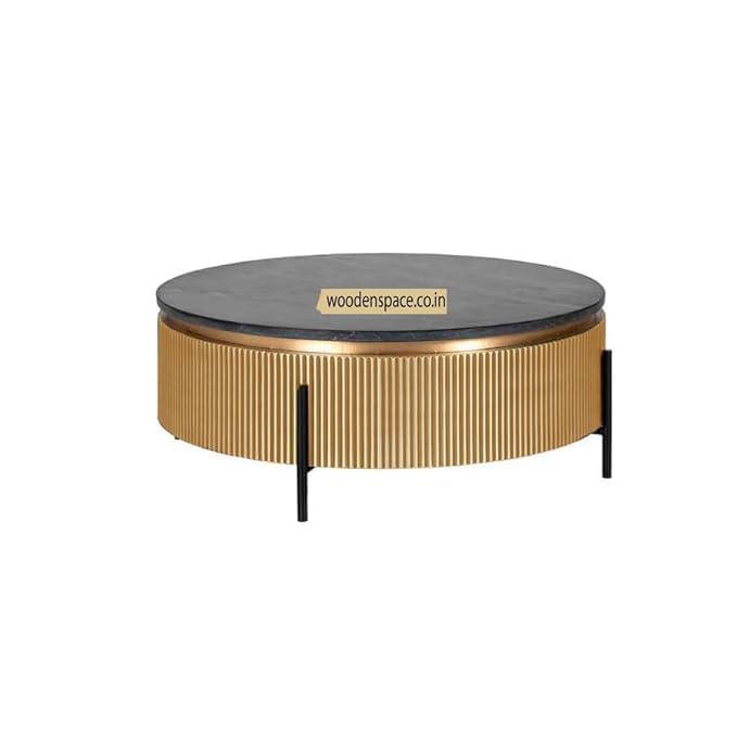 Image of WOODEN SPACE Premium Luxury Nazaara Marble-Top Coffee Table with Iron Legs & PVD Coating | Modern Round Wooden Center Table for Living Room & Entryway