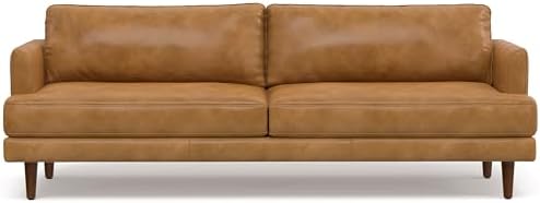 SIMPLIHOME Livingston 90-inch Wide Sofa in Sienna Top Grain Genuine Leather, Handcrafted Mid-Century Modern Couch for Living Room, Large 3-Seater with Feather-Wrapped Cushions and Solid Wood Frame