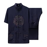 Herren Kampfsport-Kung-Fu-Uniform, kurzärmelig, Tang-Anzug, Hemden und Hosen, Blau, Größe M