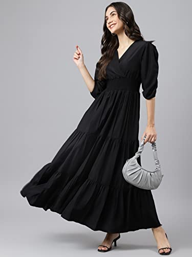 Image of Femvy Women's Fit and Flare Maxi Dress Rayon 3 /4 Sleeve Solid V-Neck Evening Dress 751