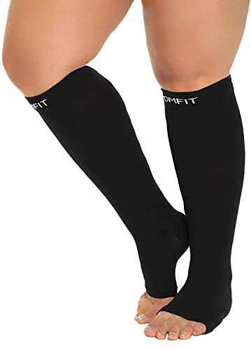 Image of 4XL Plus Size Wide Calf Open Toe Compression Socks, Women, Men, Toeless, Comfy Soothing Support, Circulation, Pain, DVT, Varicose Veins - 20-30mmHg