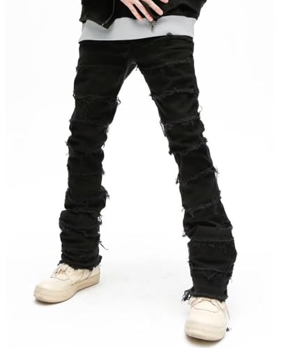XYGJZ Men's Skinny Ripped Jeans Stacked Frayed Straight Leg Slim Fit Distressed Denim Pants3