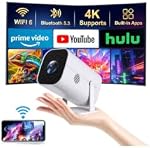 Construction APPS & Focus électrique & Clé de frappe automatique Mini Projecteur avec WiFi 6 & Bluetooth 5.3, Appui 4K, 1080P Projecteur intelligent portable, Smartphones compatibles/TV Stick/Computer/Video Games/HDMI/USB