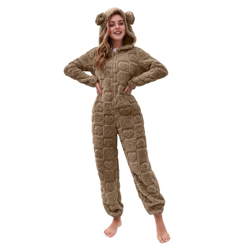 YAOJIWANG - YAOJIWANG Combinaison Femme Impression Coeur Pyjama Polaire Vêtement de Nuit Une Pièce Vêtements à Capuche et Oreilles Chaude Loungewear Slim Fit Mignon Manches Longues Grenouillère pour La Maison