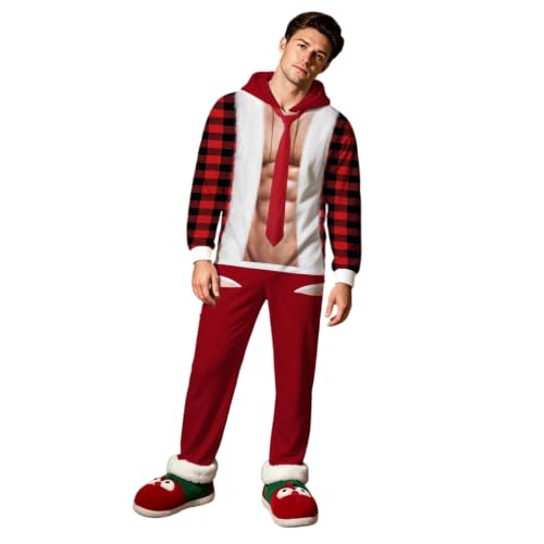 Men Ugly Christmas Hooded Onesie Fake Santa Muscle Print Full Zip Jumpsuit - image 1