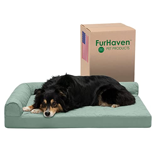 FurHaven Pet Dog Bed - Deluxe Orthopedic Two-Tone Plush and Suede L Shaped Chaise Lounge Living Room Corner Couch Pet Bed with Removable Cover for Dogs and Cats, Marine Blue, Jumbo