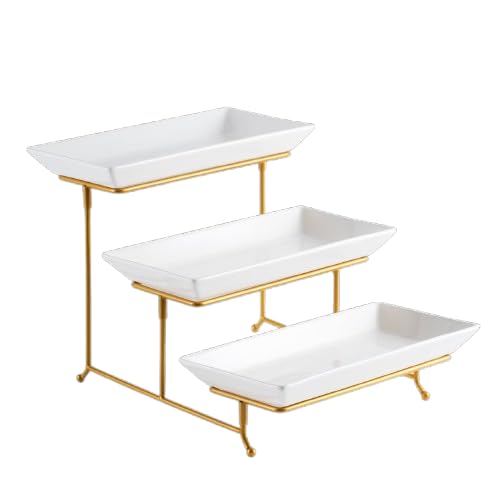 Vencier 3 Tier Serving Platter Set Three Tier Food Dessert & Cake Display Party Food Tray Set (White/Gold)