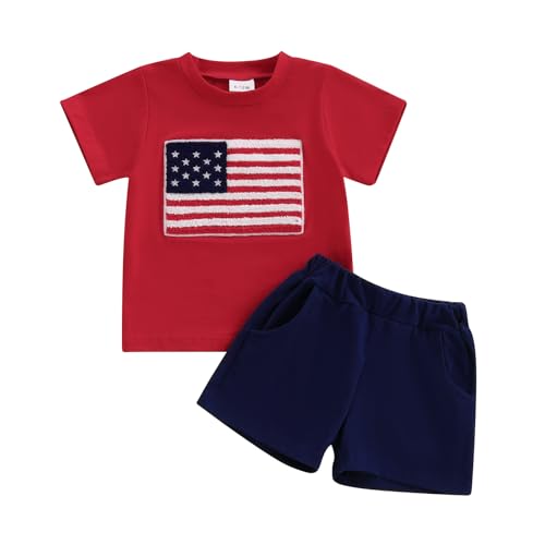 ITFABS 6M-4T Baby Boy Summer Clothes 4th Of July Shorts Set USA Flag Embroidery T Shirt Tees Tops Short Pants Toddler Outfit (Red, 18-24 Months)
