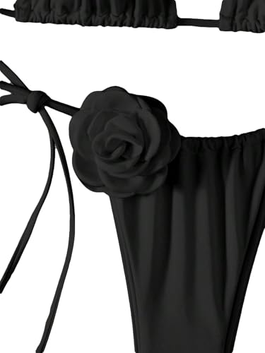 Women's Floral Appliques Cute Bathing Suit High Waisted Triangle Tie Side Swimsuit Bikini Set4