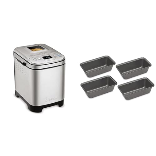 Cuisinart Bread Maker Machine, Compact and Automatic, Customizable Settings, Up to 2lb Loaves, CBK-110P1, Silver,Black & CMBM-4LP Mini Loaf Pan (Set of 4)