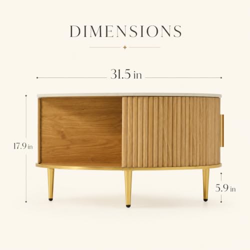 Image of Mid Century Fluted Round Coffee Table for Living Room, Oak | 31.5 inch Modern Coffee Table with Storage, Small Center Table with Flip-Top