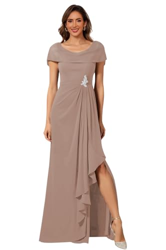 Chiffon Mother of The Bride Dresses Long for Women Cape Sleeves Ruffles Wedding Guest Dress with Slit LN164