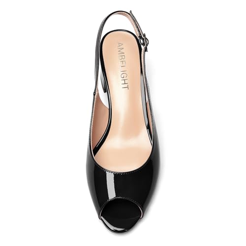 AMBELIGHT Womens Buckle Dating Slingback Patent Peep Toe Casual Chunky Low Heel Pumps Shoes 2 Inch3