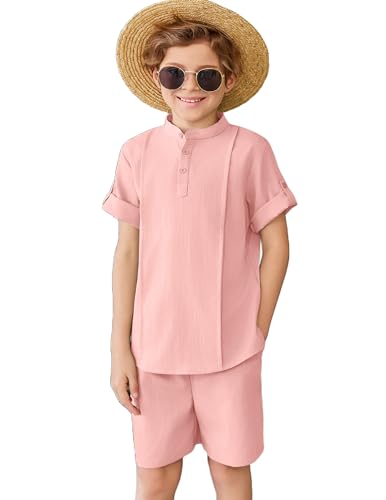 Image of Arshiner Boy's 2 Pieces Linen Sets Short Sleeve Henley Shirt and Shorts Summer Beach Matching Outfits 4-12 Years