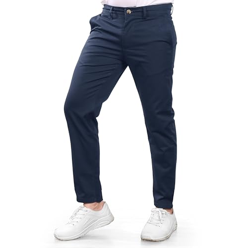 YANEK Mens Slim Fit Navy Chino Trousers Lightweight Cotton Blend Formal and Casual Wear Bottoms Pants for men with Zip Fly Button Closure Belt Loops Side & Back Pockets Perfect for Everyday Wear
