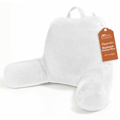 Sasttie Reading Pillow, Velvet Back Pillow for Bed Sitting Up, Adult Back-Rest Support Cushion with Arms for Sit Up on Couch, Sofa, and Floor, Dorm Essentials, Reading Accessories, White