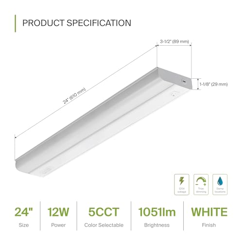 Image of ASD LED Under Cabinet Lighting Hardwired, 24 Inch 12W 2700K-5000K Selectable, 1051LM, CRI90+, Direct Wire Linkable Under Counter Lights for Kitchen, Dimmable Under Cabinet Lights, White, UL, 12 Pack