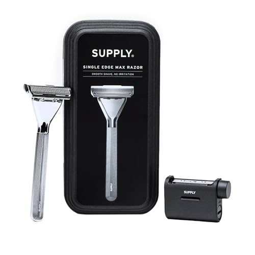 SUPPLY Single Edge Max Razor for Men Premium Metal Single-Blade Safety Razor with Pivoting Head for Fewer Cuts and Irritation Includes 8 Blades & Magnetic Reload System Sterling
