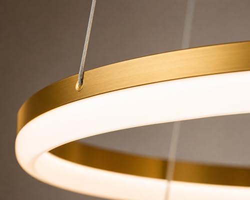 Image of SINOMAN Modern Contemporary Spiral LED 2 Ring Chandelier Hanging Ceiling Pendant Light - Adjustable Height with 3 Color Lighting Modes Ideal for Living Room /Bedroom /Home (Gold)