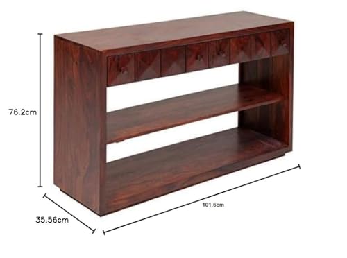 Image of Solid Sheesham Wood Console Table for Living Room | Wooden Side Entrance Fish Tank Table with 2 Shelves & 2 Drawers Storage | Rosewood Mahogany Finish