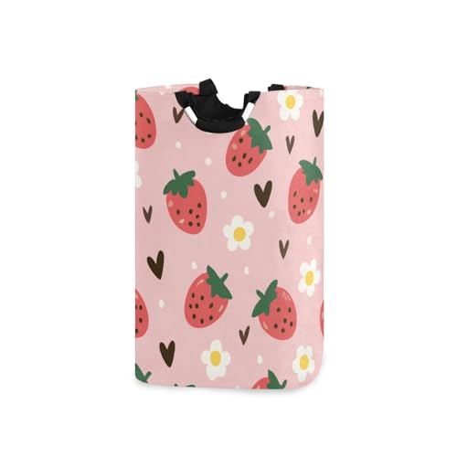 Jihqo Laundry Hamper Basket Strawberry and Daisy Collapsible Nursery Storage Bin Waterproof Clothing Baskets for Home Bedroom Bathroom Washing Room