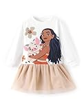 Disney Princess Moana Toddler Girl Dress Casual Long Sleeve Sweatshirt Dresses Cute Mesh Skirt Character Print Outfit Birthday Party Gift for Little Girl Sporty Pullover Fall Clothes Khaki 5-6 Years