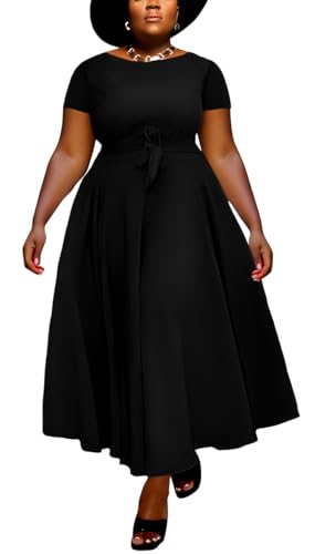 Image of BFFBABY Plus Size Dress A Line Dresses for Women Summer Long Dresses with Sleeve Casual Belted