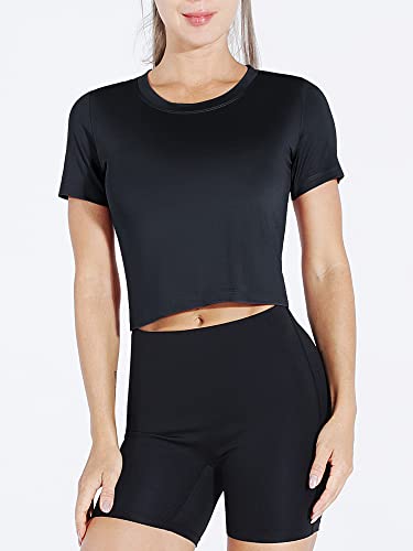 Cadmus Workout Crop Tops Women Racerback Dry Fit Athletic Shirts Short Sleeve 3 Piecese, Black, Grey, Navy Blue, Medium #TOP5