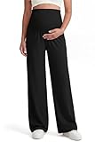 OUGES Women's Lyocell Cotton Black Maternity Pants Stretchy Smocked Waist Wide Leg Casual Workout Palazzo Scrub Trousers Lounge Pants with Pockets Pregnancy Maternity Outfits Clothes 2026(Black,M)