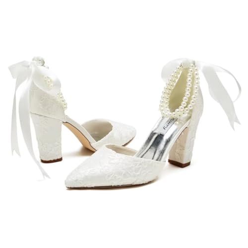 Image of Satin Wedding Shoes for Bride Block Heel Bridal Shoes Pointed Toe Pearl Wedding Heels
