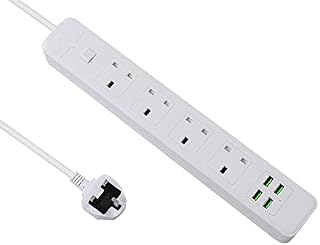 Pixezo Extension Lead | Extension Lead with USB Slots | Surge Protected Extension Lead with 4 AC Outlets and 4 USB Ports (3.7A/5V) Wall Mountable Extension Cable | Extension Lead 3M Long