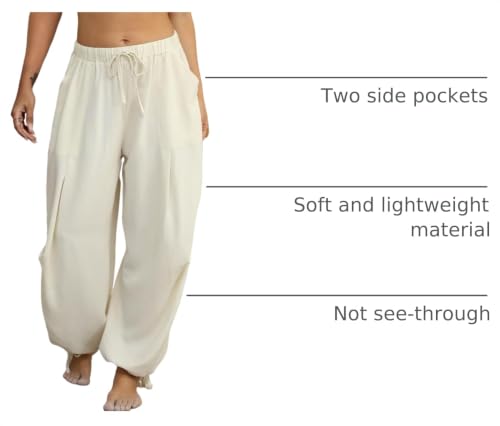 Image of Women's Linen Balloon Barrel Beach Pants Boho Harem Flowy Drawstring Casual Loose Pants with Pockets