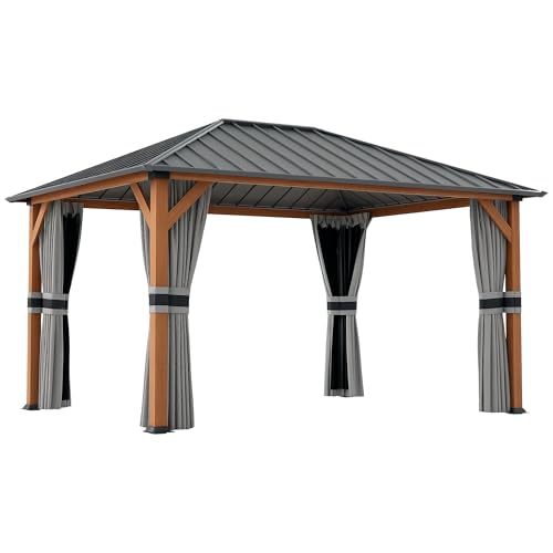 Outsunny Tonnelle de Jardin extérieur 4 x 3 m pavillon de Jardin avec Toit Rigide en métal galvanisé, Structure en Aluminium, Rideaux et moustiquaires, Gris...
