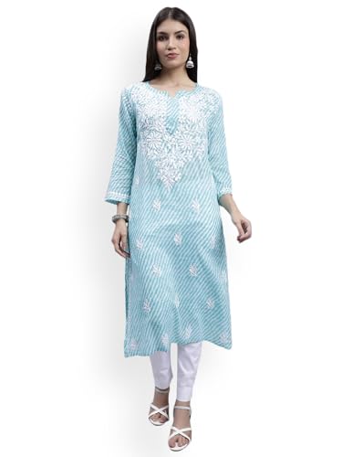 Image of Seva Chikan Hand Embroidered Lucknowi Chikankari Regular Fit Straight Malmal Cotton Kurta Kurti for Women SCL4458