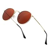 Htms Small Round Polarized Sunglasses Retro Men Women Mirrored Lens Metal Frame Circle Sun Glasses Shades (Red Lens/Gold Frame)