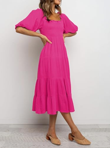 Image of R.Vivimos Women's Summer Cotton Lantern Sleeves Ruffled Off Shoulder A-Line Midi Dresses