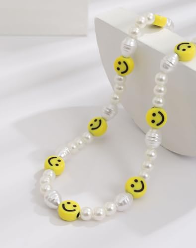 Pearl Necklace Smile Face Necklace for Women Men,Soft Ceramic Cute Smile Necklace Chain Choker for Jewelry Gifts3