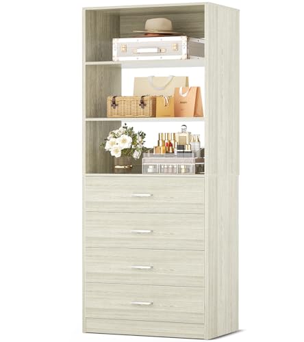 Aheaplus Wood Closet Organizer System with 4 Drawers, Modular Walk-in Closet Storage Unit, Small Closets Wardrobe Rack, Tall Storage Cabinet Unit, White Oak